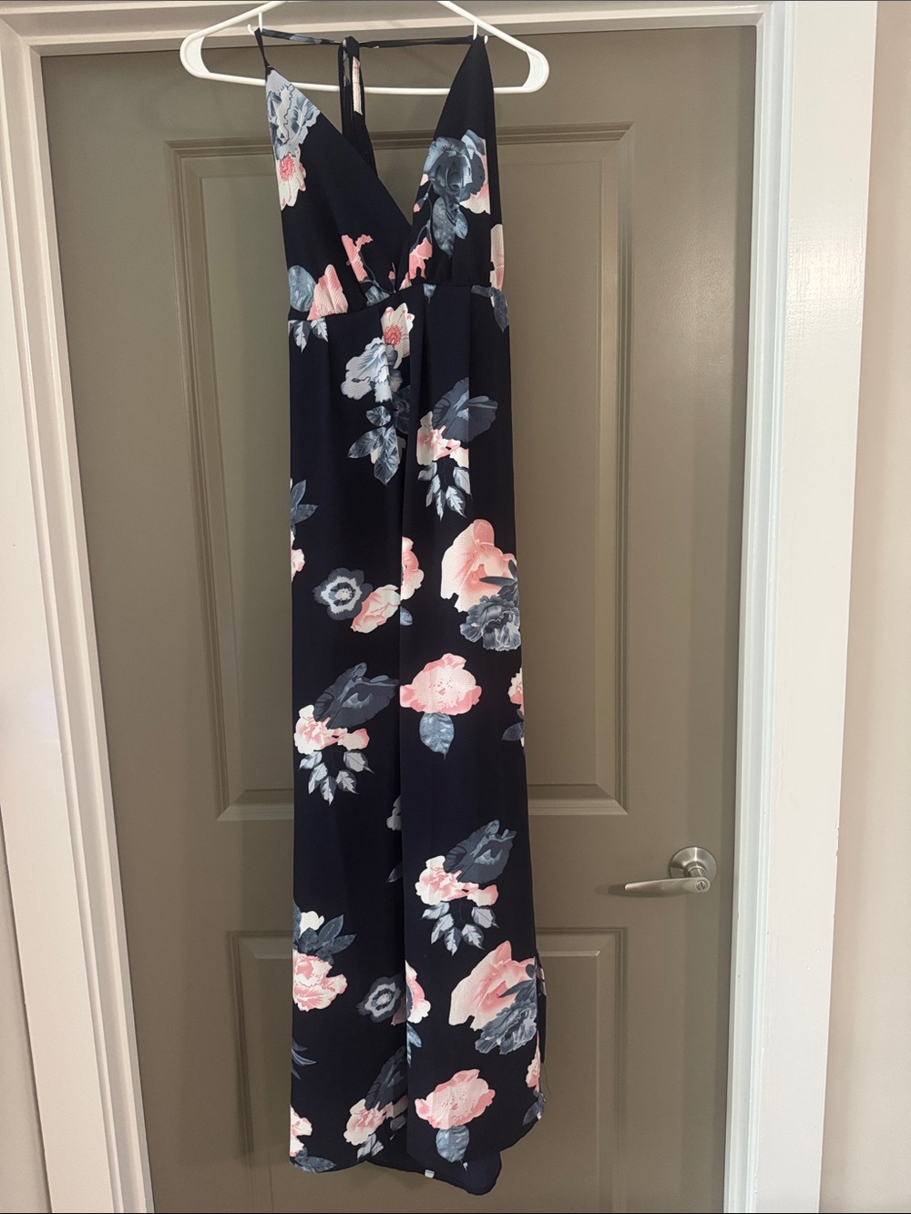 Navy Floral V-Neck Maxi Dress with Pink and Gray Blooms